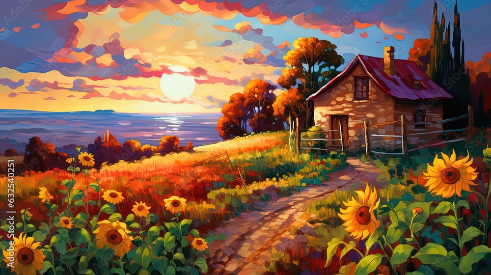 Wall mural painting style illustration, sunflower field with sunset sky scenery, calm and peaceful, Generative Ai