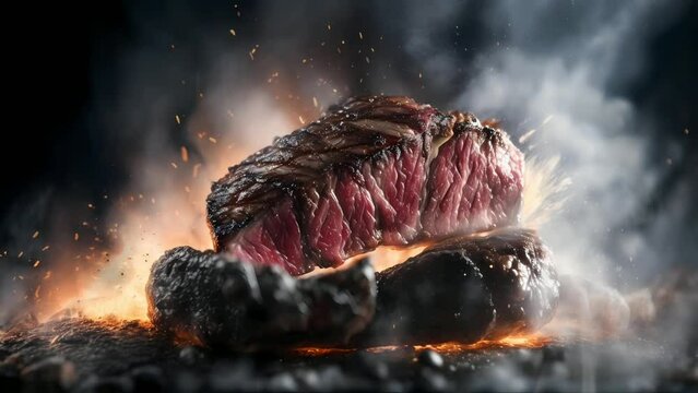 delicious steak with smoke video animation, seamless looping video animated background