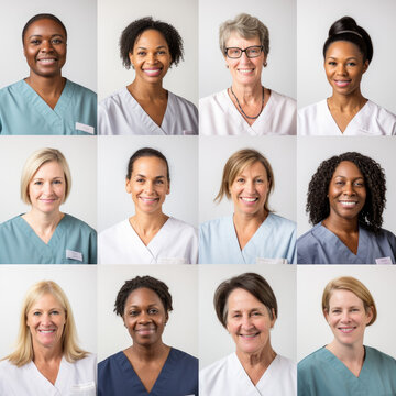 Collage of photo portraits of smiling nurses of different ethnicities promoting diversity and encouraging inclusive empowerment in the workplace. 