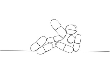 Pill, tablet, drug, pharmacy, capsule, antibiotic, aspirin, herbal, medicine one line art. Continuous line drawing of treatment, medication, medical, pharmacy, therapy, allergy