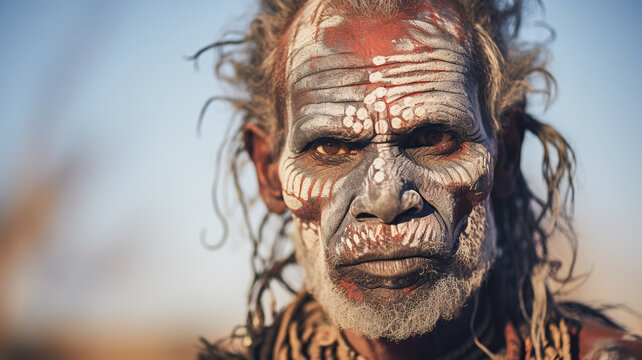 Portrait of adult male from the Aboriginal culture in Australia. Man face adorned with traditional paints against the backdrop of the vast Outback.