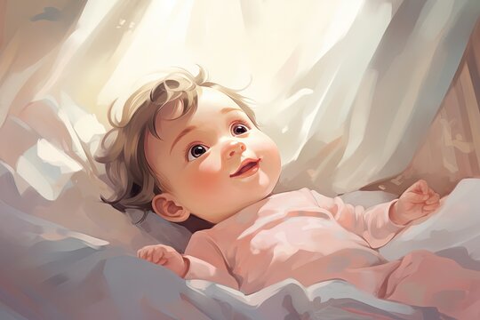 painting style illustration, cute boy wake up in bed in morning, Generative Ai