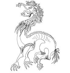 Linear drawing dragon symbol New Year 2024 outline coloring book for children and adults. Outline beast with scales pattern in Japanese Chinese style clip art design hand drawn evil character 