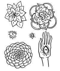 Stylized Flower Set Line Clip Art Design Linear Elements Set of Hand-Drawn Linear Flowers for Design, Black and White Graphics for Coloring Pages, Invitations, Flyer Decoration for Wedding, Birthday