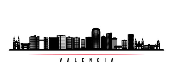 Valencia skyline horizontal banner. Black and white silhouette of Valencia, Venezuela. Vector template for your design.
