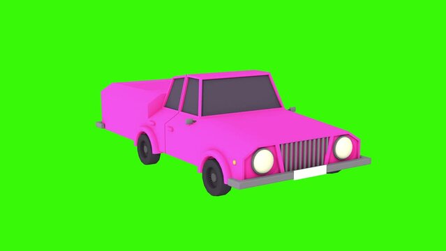 Low poly pink car spinning. 3D animation. Green screen.