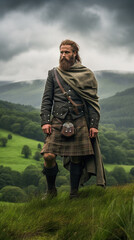 Portrait of a Scottish Highlander, clad in a traditional kilt and standing tall amidst rolling green hills - obrazy, fototapety, plakaty