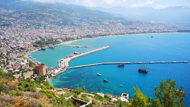 Panoramic view of the harbor of Alanya on a beautiful summer day, Turkey 