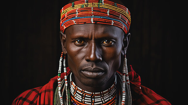 Portrait of a Samburu tribesman in Keny. Man with vibrant attire, intricate beaded jewelry, and elongated earlobes symbolizing cultural identity