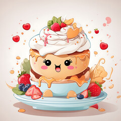 Cute dessert fruits and cream smile on dish Generative AI