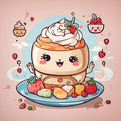 Cute dessert fruits and cream smile on dish Generative AI