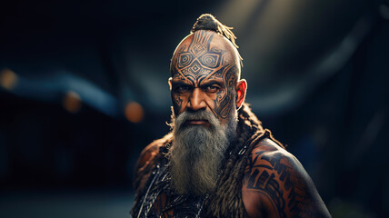 Portrait of a Maori warrior in New Zealand with tattoos striking on face - obrazy, fototapety, plakaty