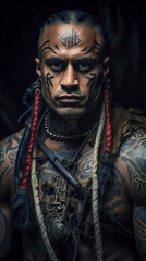 Portrait of a Maori warrior in New Zealand with tattoos striking on face