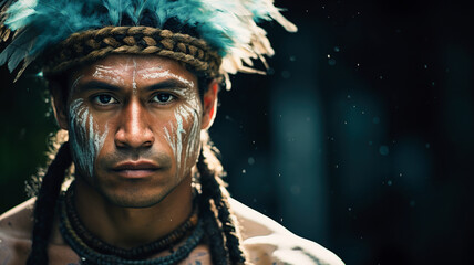 Portrait of a male from the Yap culture in Micronesia. Man in traditional thuwa loincloth made from hibiscus fibers, contrasting with the turquoise lagoon.