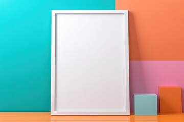 blank picture frame on bright blue orange color wall ,  wall frame mockup idea, Generative Ai