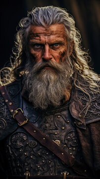 Portrait of a powerful Viking leader Norse descent. Viking man with beard and braids in hair. Concept historical photo