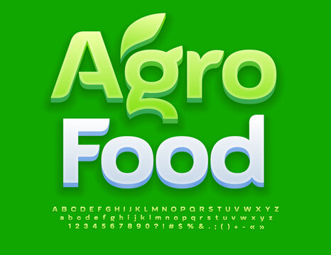 Vector eco sign Agro Food. Elegant Green Font. Artistic Alphabet Letters, Numbers and Symbols
