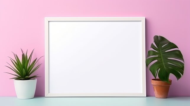 blank picture frame on pink color wall with pot plants ,  wall frame mockup idea, Generative Ai
