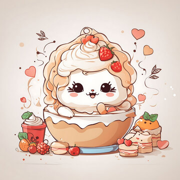 Cute dessert fruits and cream smile on dish Generative AI