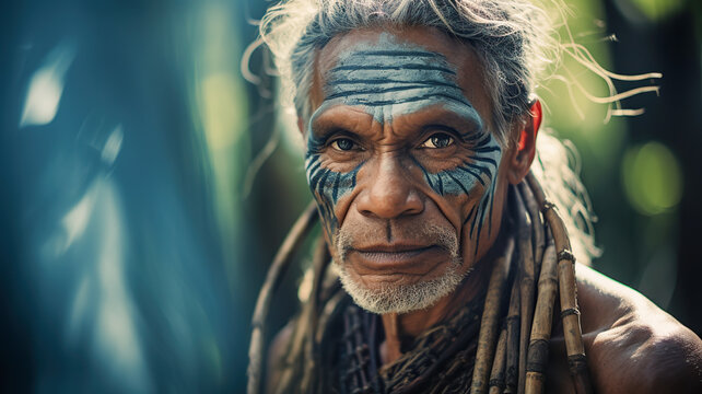 Portrait of a male from the Yap culture in Micronesia. Man in traditional thuwa loincloth made from hibiscus fibers, contrasting with the turquoise lagoon.