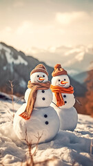 Obraz premium Cheerful snowmans in the winter mountains, generative AI.