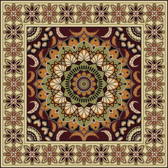 Ethnic square rug with flower mandala in warm tones. Indian, aztec, mexican motives.Bandana print.