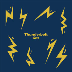 Bolt lightning set. Thunderbolt, lightning strike. Modern flat style vector illustration. Thunder and Bolt Lighting Flash Icon Set. Flat Style on Dark Background. Vector.