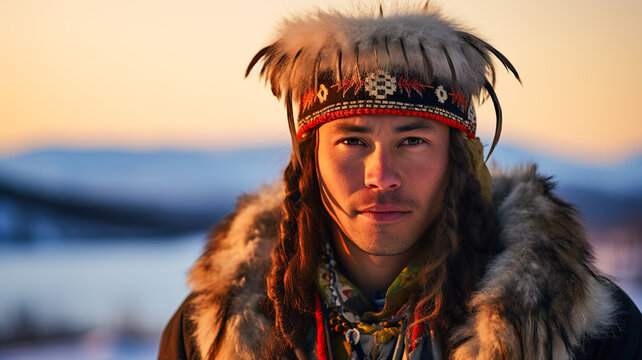 Portrait of male from the Sami culture in Scandinavia. Man in colorful traditional gakti contrasting with the snowy backdrop of a fjord.