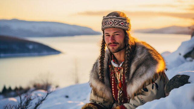 Portrait of male from the Sami culture in Scandinavia. Man in colorful traditional gakti contrasting with the snowy backdrop of a fjord.