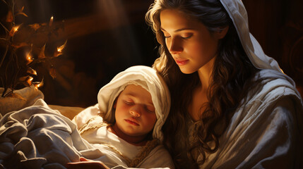 Fototapeta premium A portrait of Mary cradling baby Jesus in a serene nativity scene Generative AI