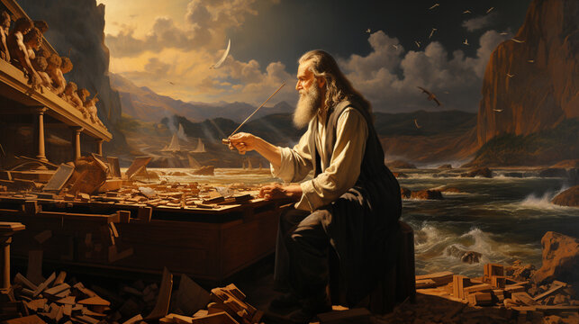An artistic depiction of Noah building the ark, animals in the background Generative AI
