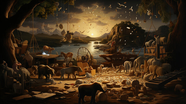 An artistic depiction of Noah building the ark, animals in the background Generative AI