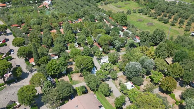 Drone orbit around green trees near cisano san vito, lake garda, italy