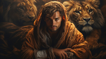 An intense portrait of Daniel in the lion's den, demonstrating unwavering faith Generative AI - obrazy, fototapety, plakaty