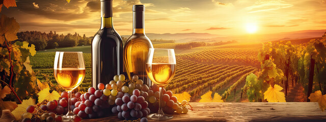Wine glasses, wine bottles, vineyard landscape and grapes in nature sunny background