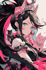 Anime princess warrior with fairypunk weapons. Black color splatter ink drop illustration. Portrait