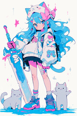 Anime princess warrior with fairypunk weapons. Blue color splatter ink drop illustration. Portrait