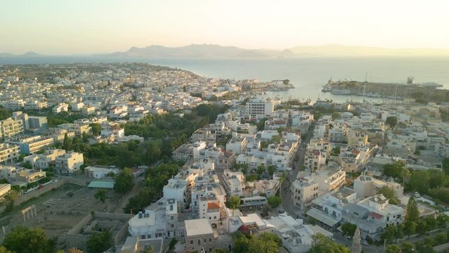 Aerial View of Whitewashed Buildings in Kos Harbor Town, Greece