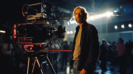 Portrait of a film director at studio. Movie director at work on filming a movie, commercial or TV series