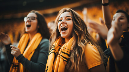 a football fan crowd cheering and supporting their favourite soccer team on the stadium.