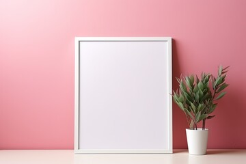 blank picture frame on pink color wall with small pot plant, wall frame mockup idea, Generative Ai