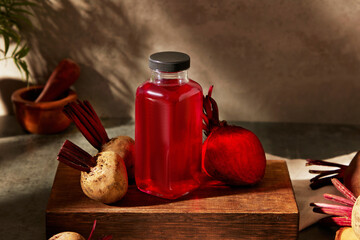 An empty label bottle containing beetroot juice standing on a wooden podium with a half of...
