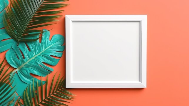 blank picture frame on orange color wall backdrop with tropical leaves, wall frame mockup idea, Generative Ai