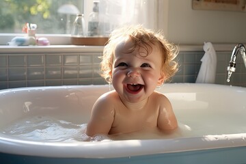 a baby happy bath time, a child laughing in bath tub, Generative Ai