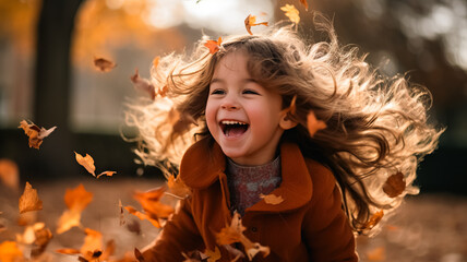 Little girl playing with golden leaves, in a park, on a warm autumn day, throwing them in the air, laughing.
