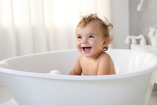 a baby happy bath time, a child laughing in bath tub, Generative Ai