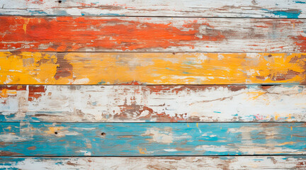 Fototapeta na wymiar vintage wooden boards with cracked paint of white, red, orange, yellow, cyan and blue colors. concept for texture, background, design. AI generated illustration