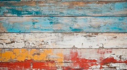 Fototapeta na wymiar vintage wooden boards with cracked paint of white, red, orange, yellow, cyan and blue colors. concept for texture, background, design. AI generated illustration
