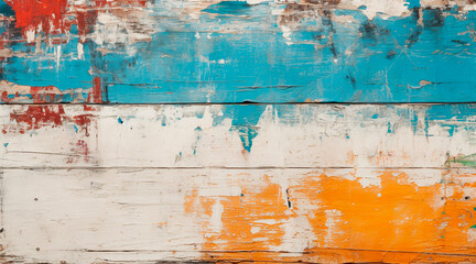 vintage wooden boards with cracked paint of white, red, orange, yellow, cyan and blue colors. concept for texture, background, design. AI generated illustration