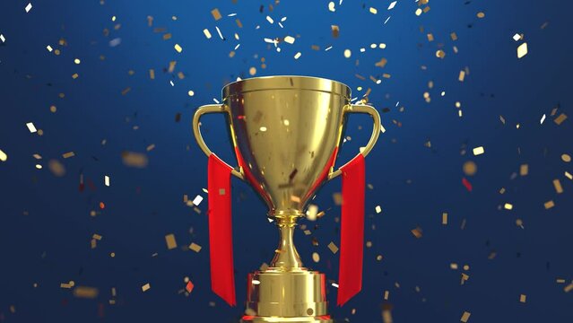 Looping video of Golden trophy with falling golden confetti, Victory concept